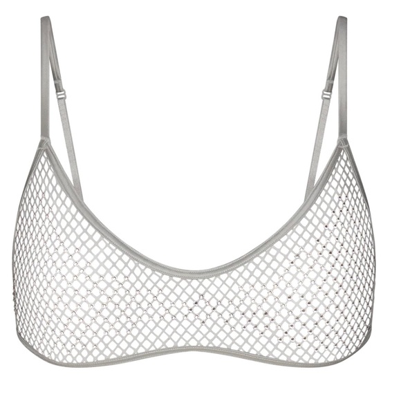 💎SWAROVSKI XSKIMS STRETCH NET SKIMPY SCOOP BRALETTE &DIPPED THONG SILVER XS NWT - Picture 6 of 6